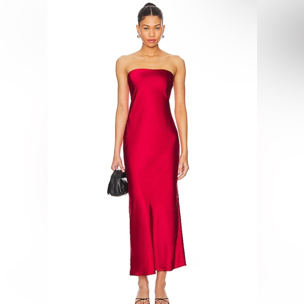 More To Come Emma dress red satin strapless midi maxi bias cut slip Revolve new